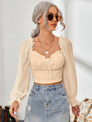 Mesh Sweetheart Neck Flounce Sleeve Top - Trendsi