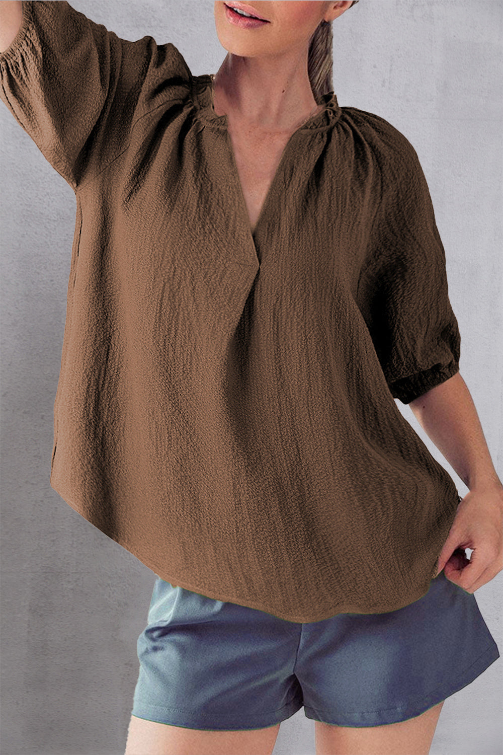 Frill Notched Half Sleeve Blouse - Flyclothing LLC