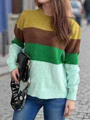 Color Block Round Neck Long Sleeve Sweater - Trendsi