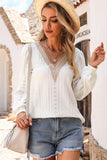 Eyelet V-Neck Long Sleeve Blouse - Flyclothing LLC