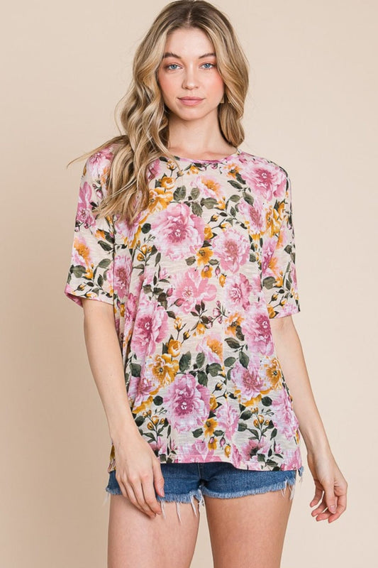 BOMBOM Floral Round Neck T-Shirt - Trendsi