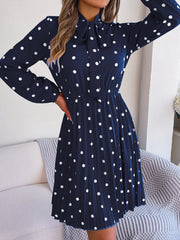 Polka Dot Tie Neck Pleated Dress - Flyclothing LLC