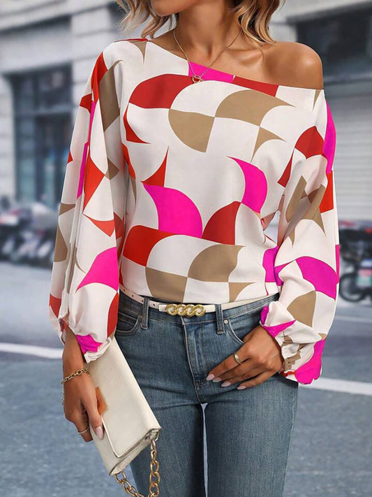 Printed One Shoulder Balloon Sleeve Blouse Trendsi