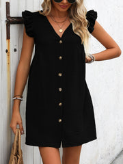 Button Up V-Neck Cap Sleeve Mini Dress Trendsi