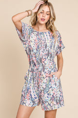 BOMBOM Printed Short Sleeve Drawstring Romper Trendsi