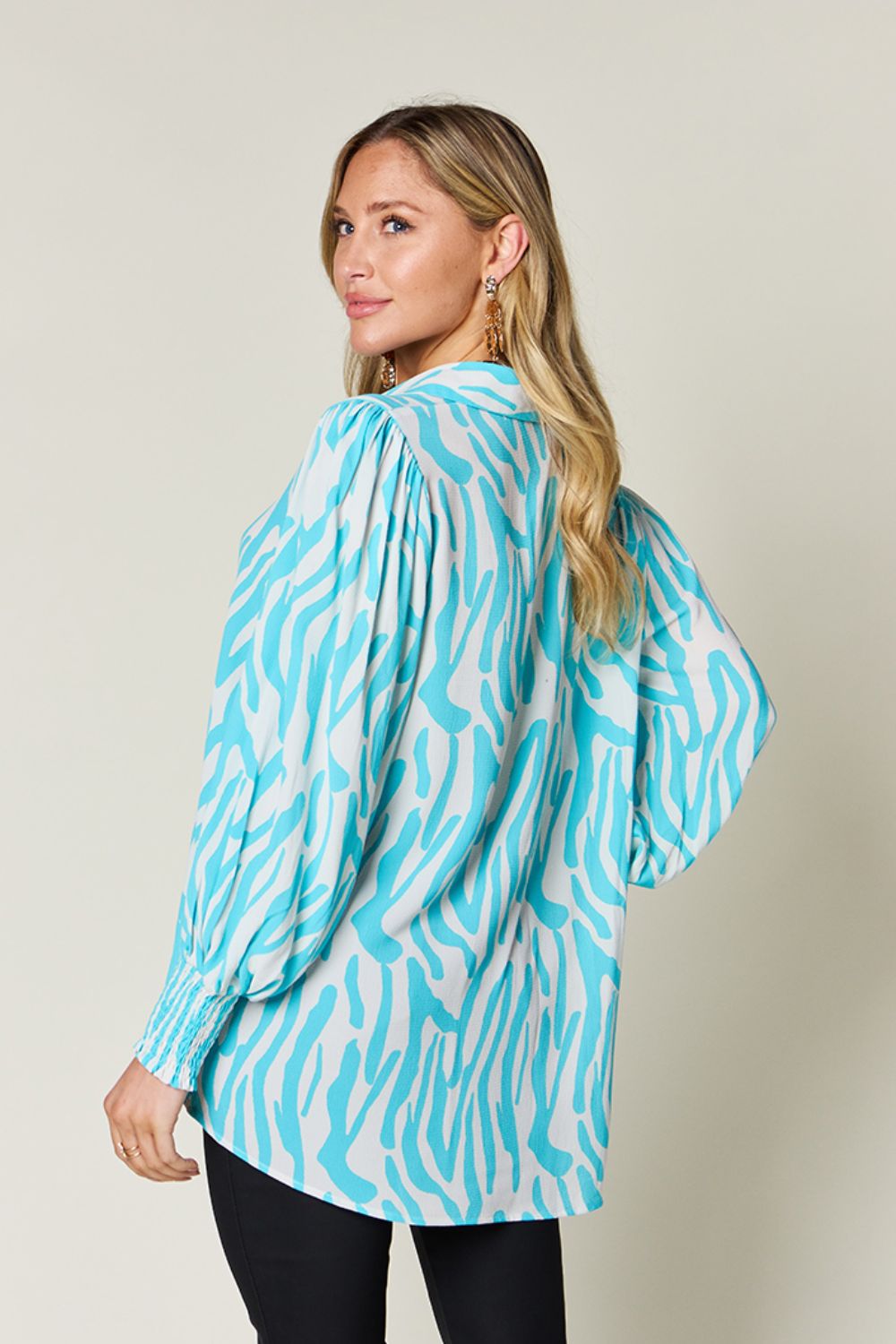 Double Take Full Size Printed Smocked Long Sleeve Blouse - Flyclothing LLC