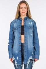 American Bazi Distressed Frayed Hem Denim Jacket - Trendsi