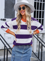 Contrast Striped Round Neck Sweater - Trendsi