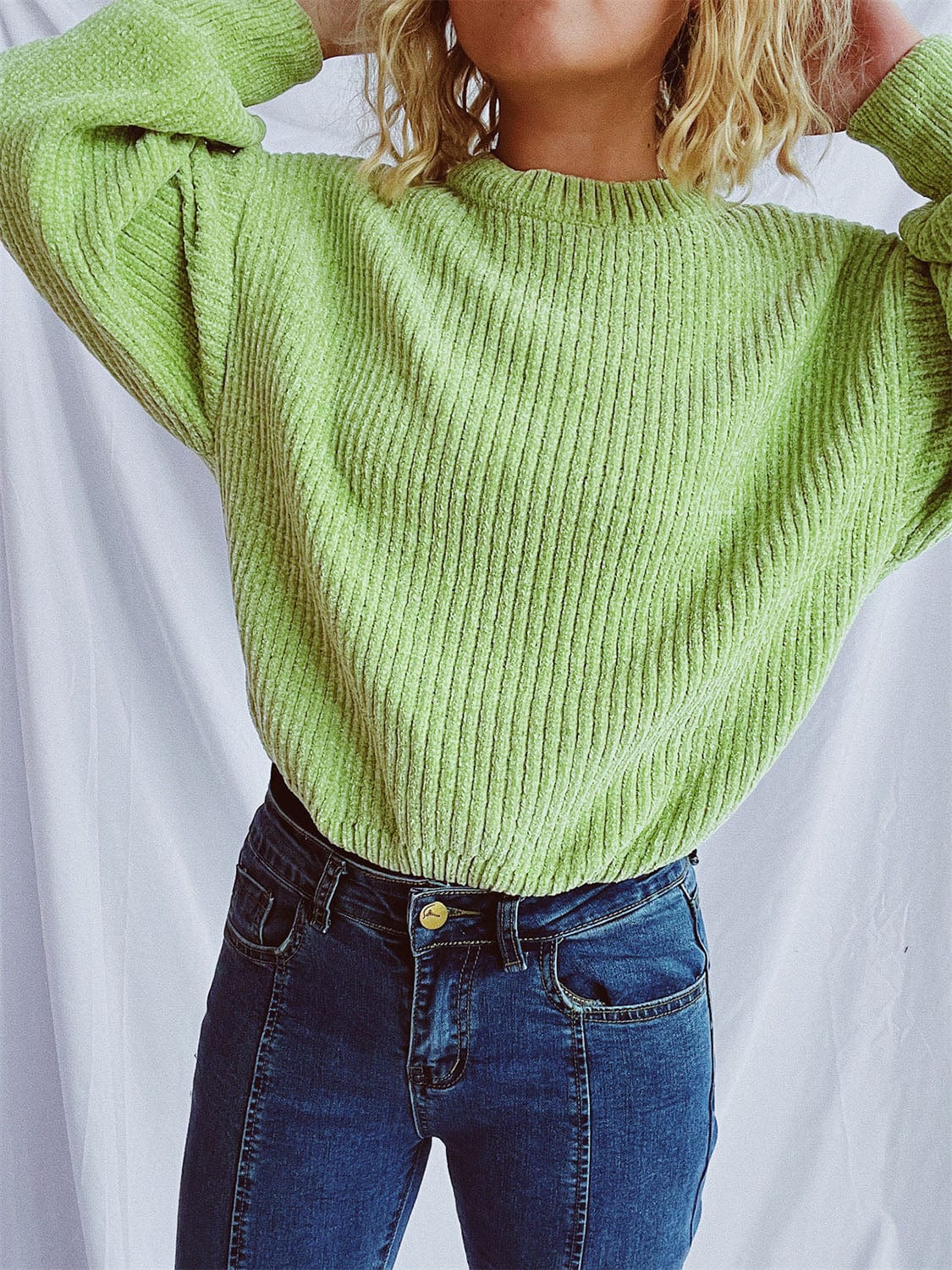 Round Neck Dropped Shoulder Long Sleeve Sweater - Trendsi