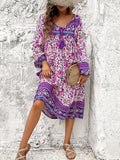 Tassel Tied Printed Long Sleeve Dress - Flyclothing LLC