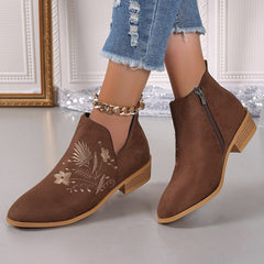 Embroidered Suede Point Toe Block Heel Boots - Trendsi