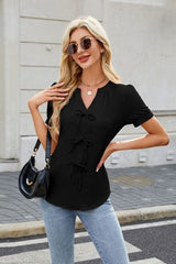 Bow Notched Short Sleeve Blouse - Trendsi