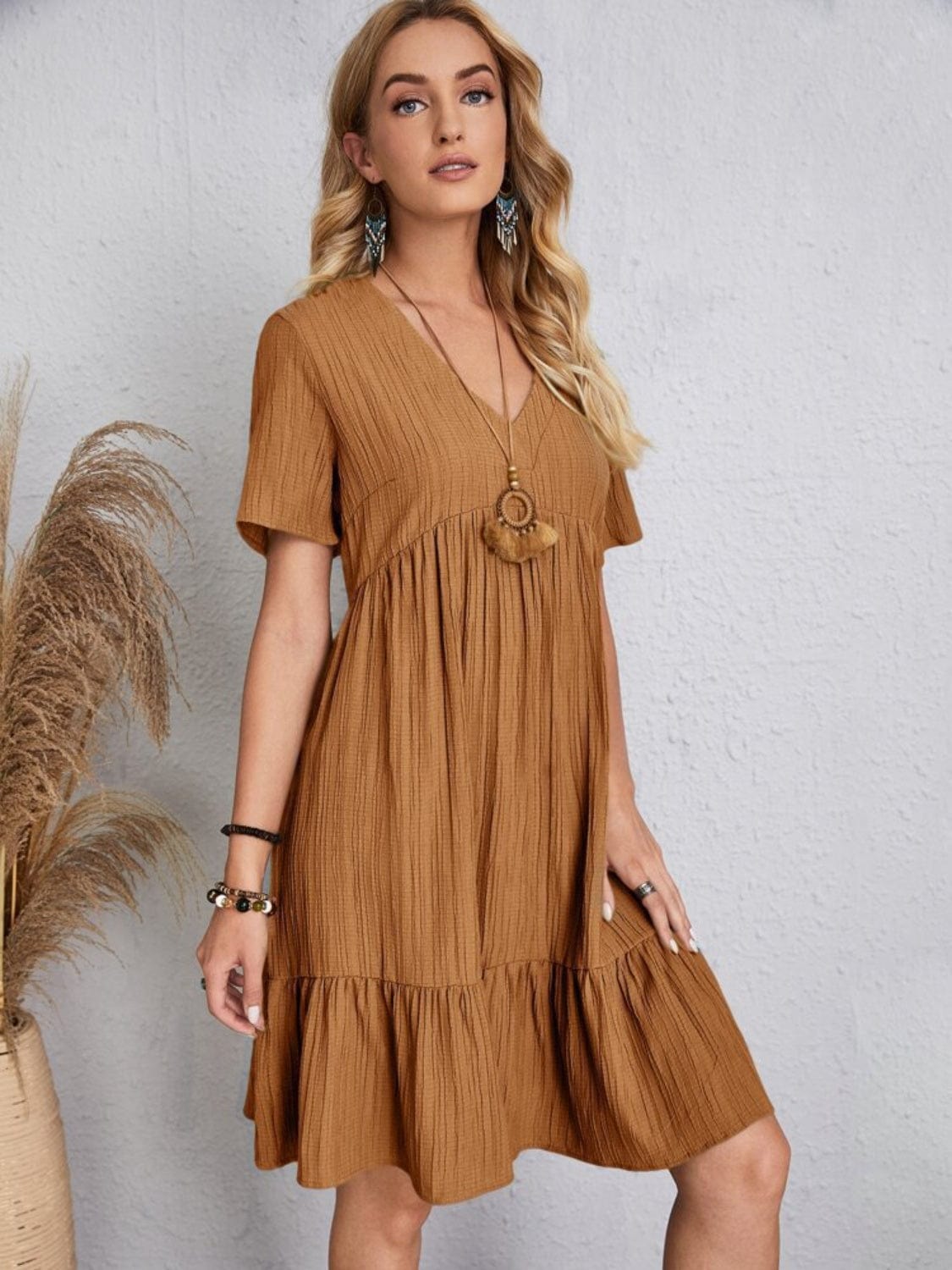 Full Size V-Neck Short Sleeve Dress - Trendsi