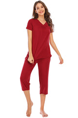 V-Neck Short Sleeve Top and Pants Lounge Set - Flyclothing LLC