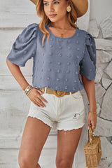 Swiss Dot Round Neck Short Sleeve Blouse Trendsi