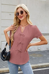 Bow Notched Short Sleeve Blouse - Trendsi