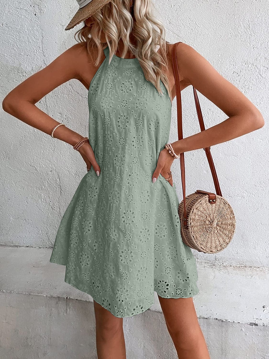 Eyelet Grecian Neck Mini Dress - Trendsi