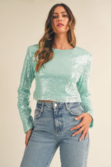 MABLE Shoulder Padded Sequin Crop Top - Trendsi