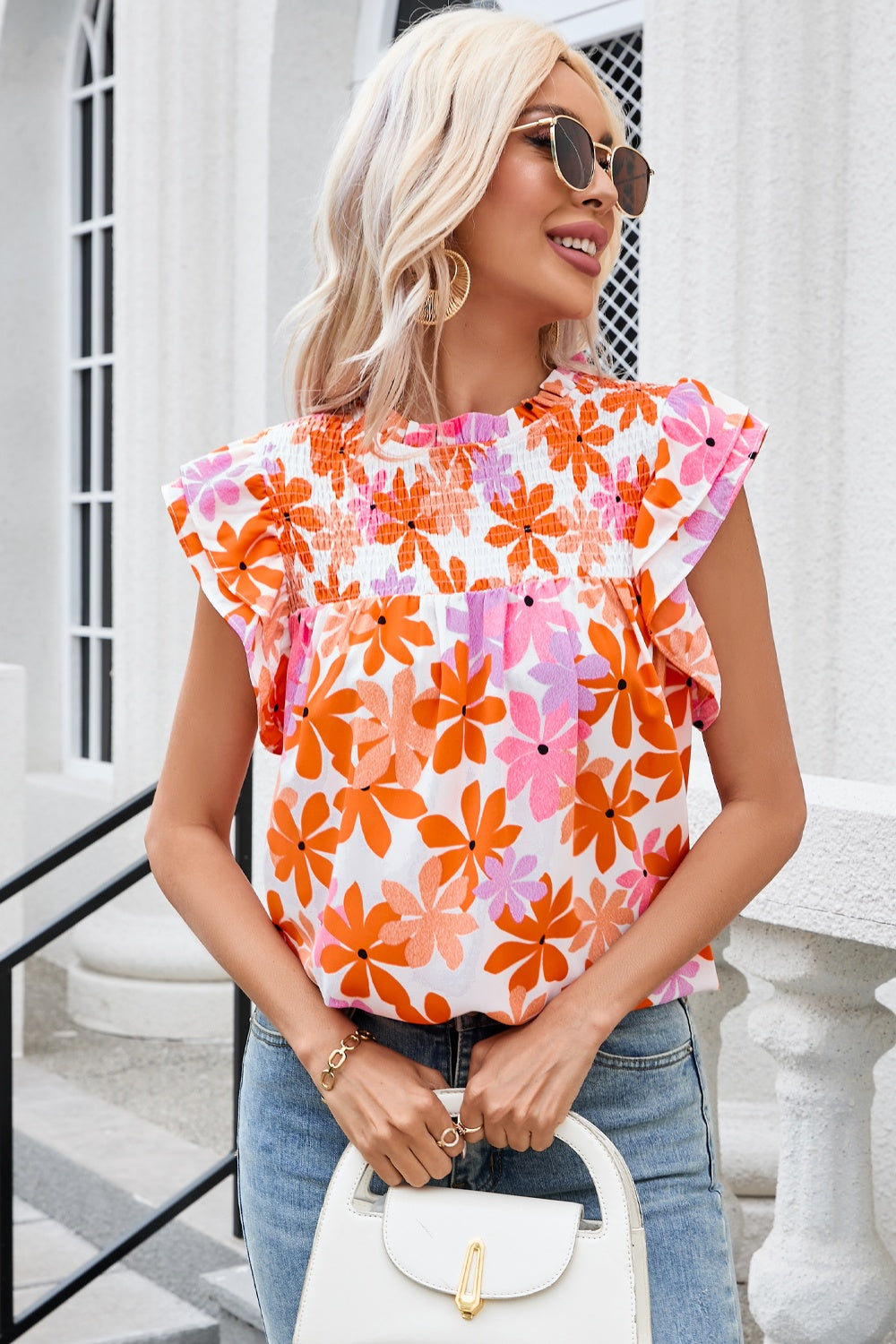 Printed Round Neck Cap Sleeve Blouse Trendsi