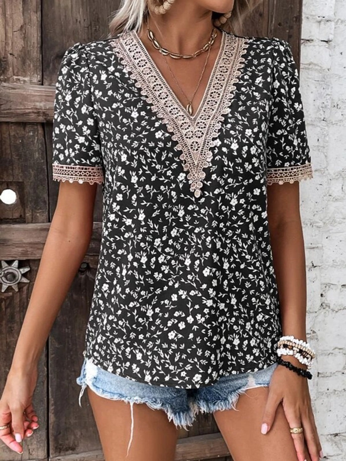 Full Size Printed V-Neck Short Sleeve Blouse - Flyclothing LLC