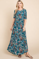 BOMBOM Printed Shirred Maxi Dress - Trendsi