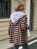 Drawstring Plaid Long Sleeve Hooded Jacket - Trendsi