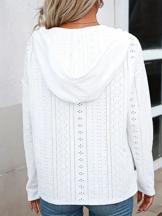 Drawstring Eyelet Long Sleeve Hoodie - Trendsi