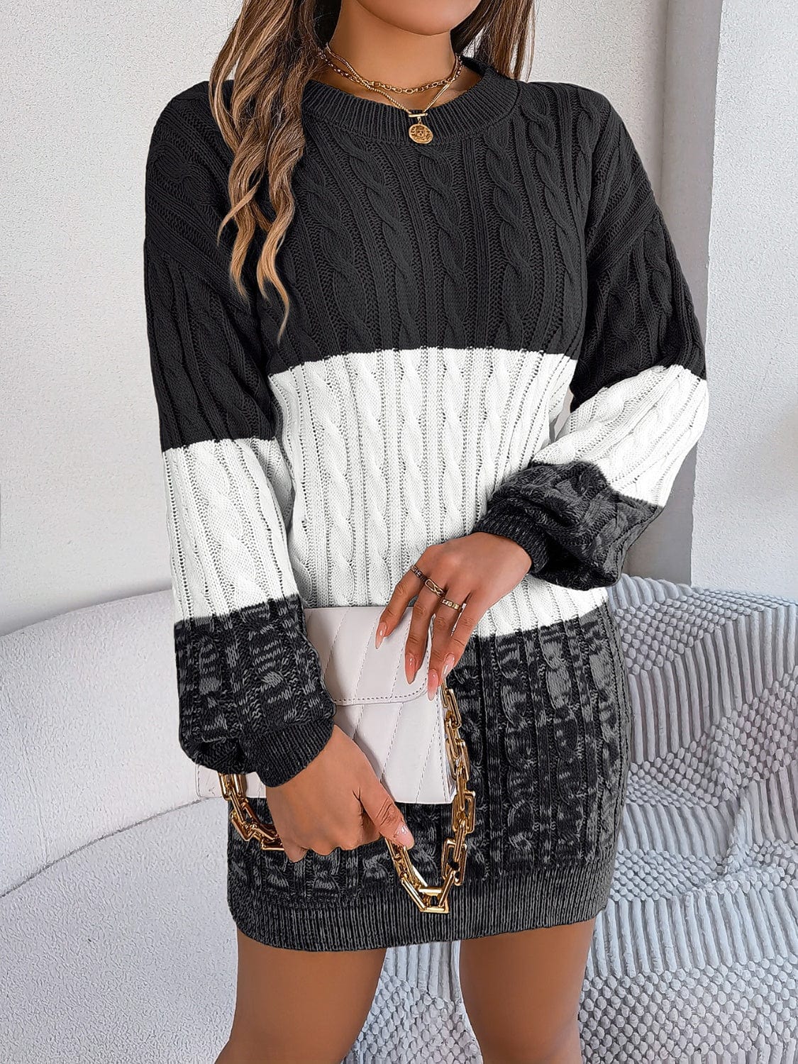 Cable-Knit Round Neck Color Block Sweater Dress - Trendsi