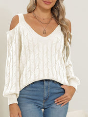 Cable-Knit V-Neck Long Sleeve Sweater - Trendsi