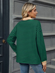 Striped Johnny Collar Long Sleeve Sweatshirt - Trendsi