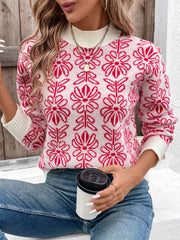 Flower Round Neck Long Sleeve Sweater