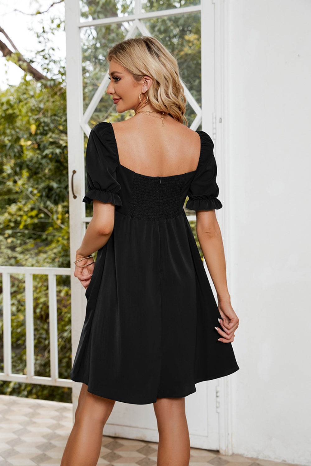 Ruched Square Neck Flounce Sleeve Mini Dress - Flyclothing LLC