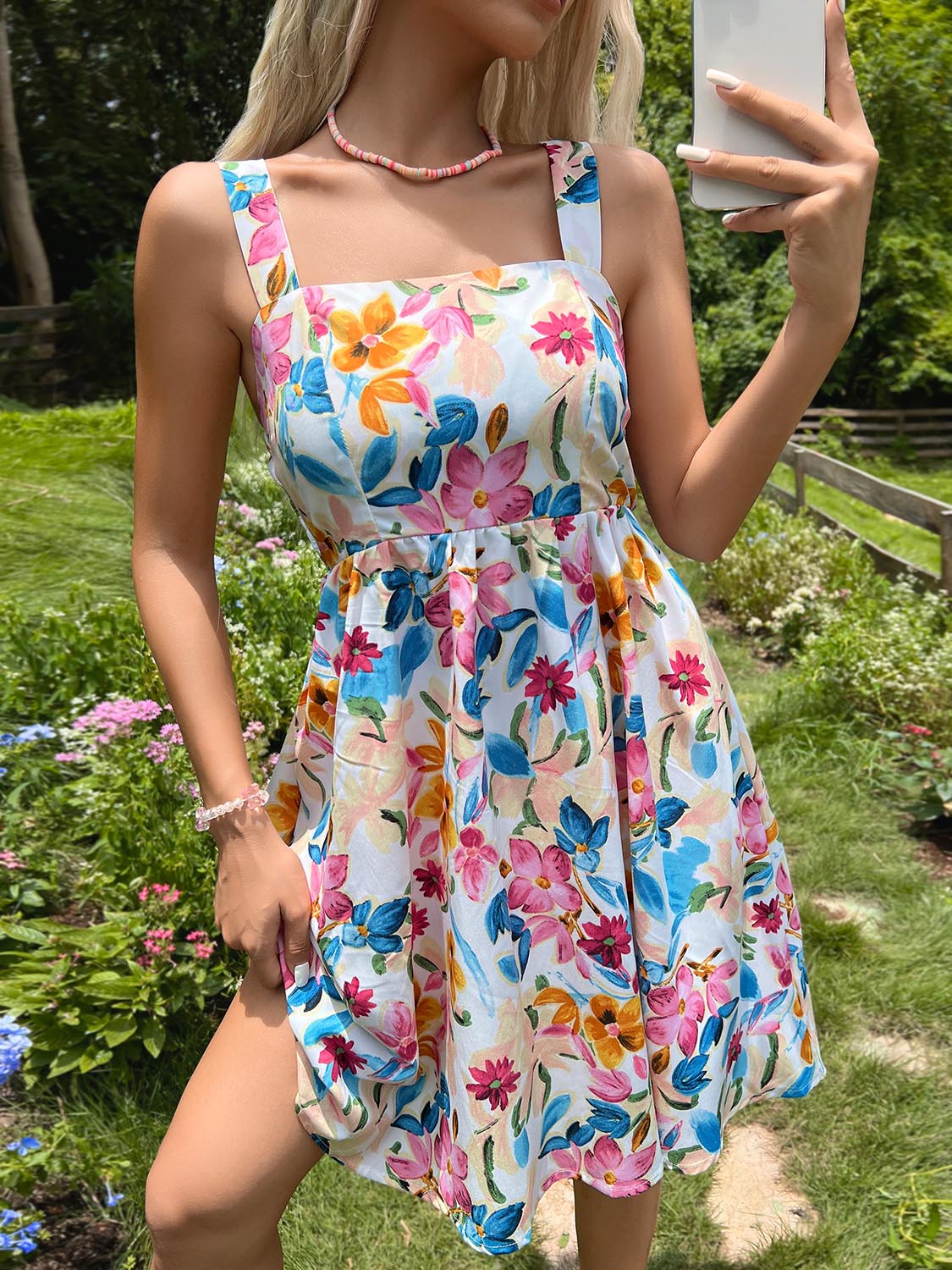 Floral Square Neck Wide Strap Dress - Flyclothing LLC