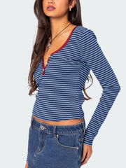 Buttoned Striped Long Sleeve T-Shirt - Trendsi