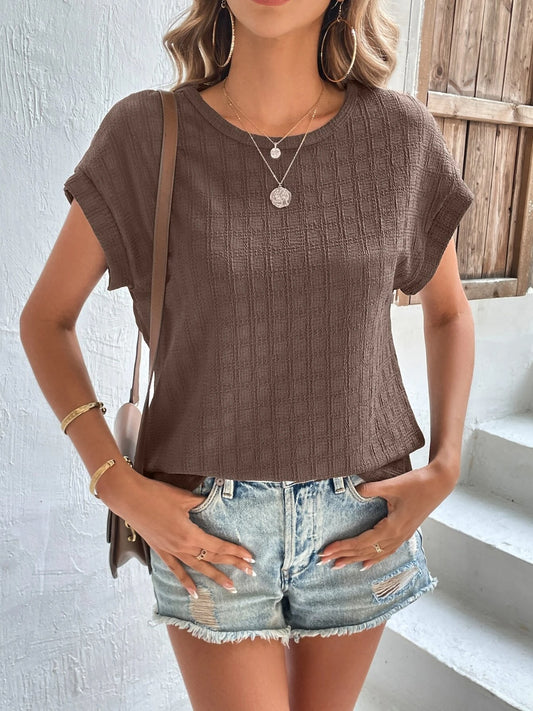 Textured Round Neck Short Sleeve Top Trendsi