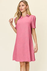 Double Take Full Size Texture Collared Neck Short Sleeve Dress - Trendsi