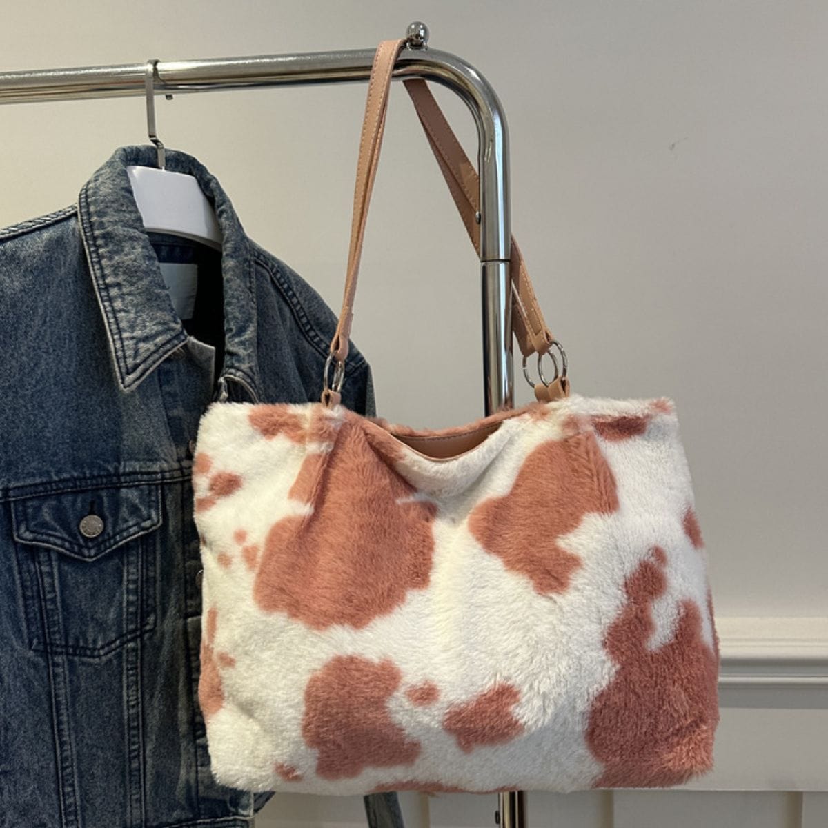 Cow Print Furry Tote Bag - Trendsi