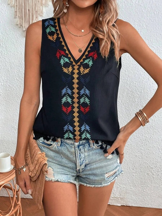 Tassel Printed V-Neck Tank Trendsi