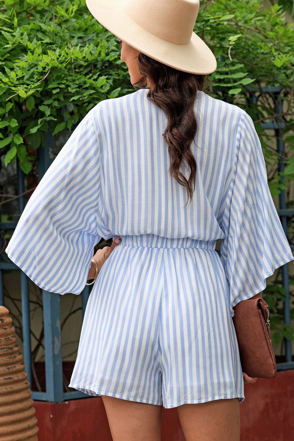 Tied Striped Three-Quarter Sleeve Romper Trendsi