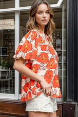 Printed Round Neck Short Sleeve Blouse Trendsi