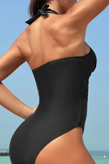 Crisscross Halter Neck One-Piece Swimwear - Flyclothing LLC