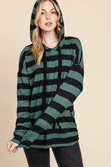 BOMBOM Drawstring Striped Dropped Shoulder Hoodie - Trendsi