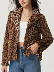 Fuzzy Leopard Collared Neck Jacket - Trendsi