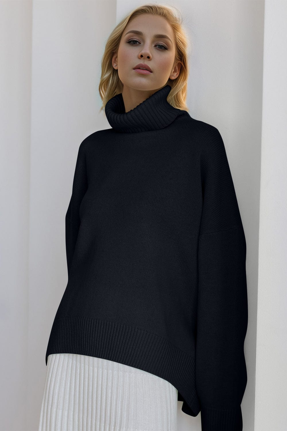 Basic Bae Turtleneck Dropped Shoulder Long Sleeve Sweater - Trendsi