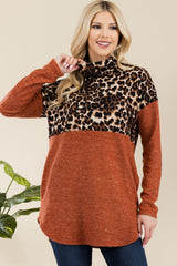 Celeste Full Size Curved Hem Leopard Turtleneck Long Sleeve Blouse - Trendsi