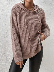 High-Low Side Slit Drawstring Long Sleeve Hooded Sweater