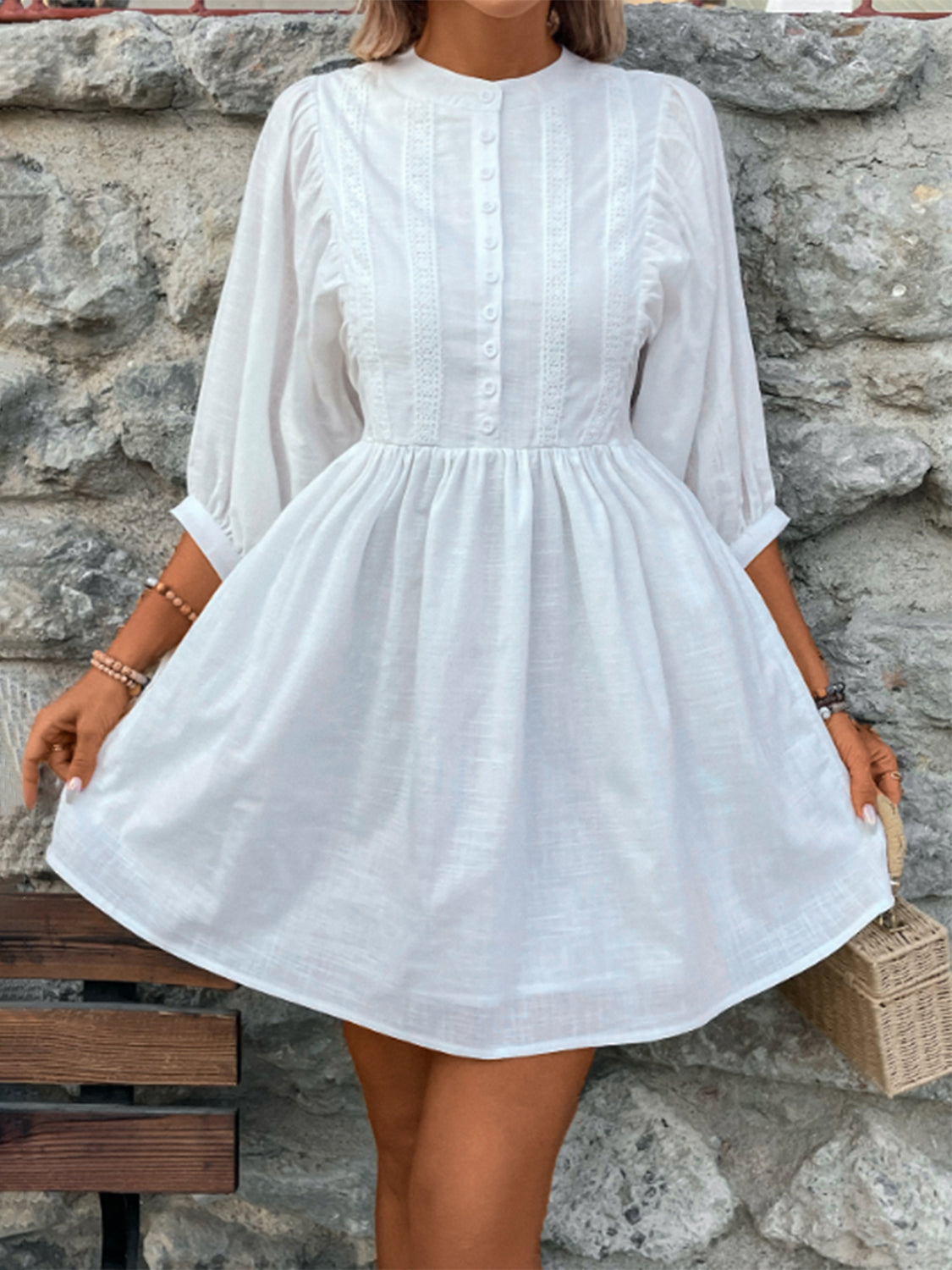 Lace Detail Half Button Three-Quarter Sleeve Dress Trendsi