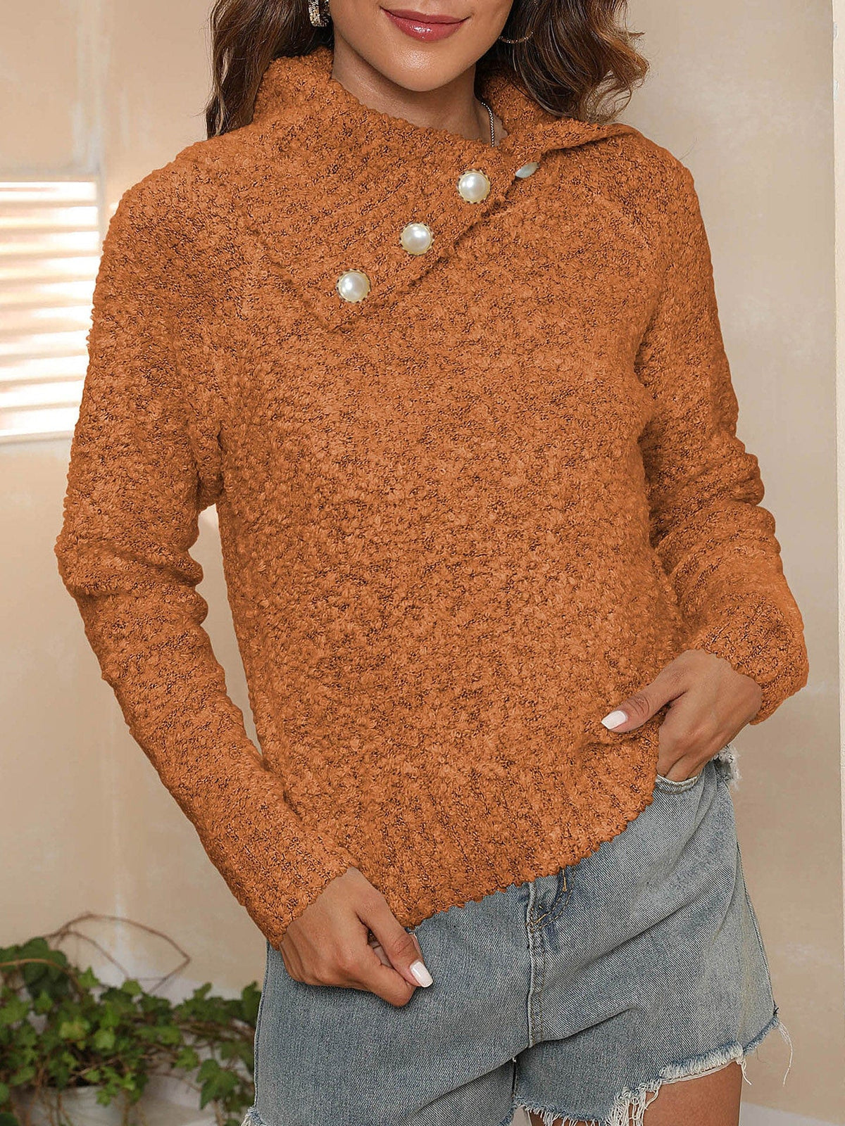 Asymmetric Collared Neck Long Sleeve Sweater - Trendsi