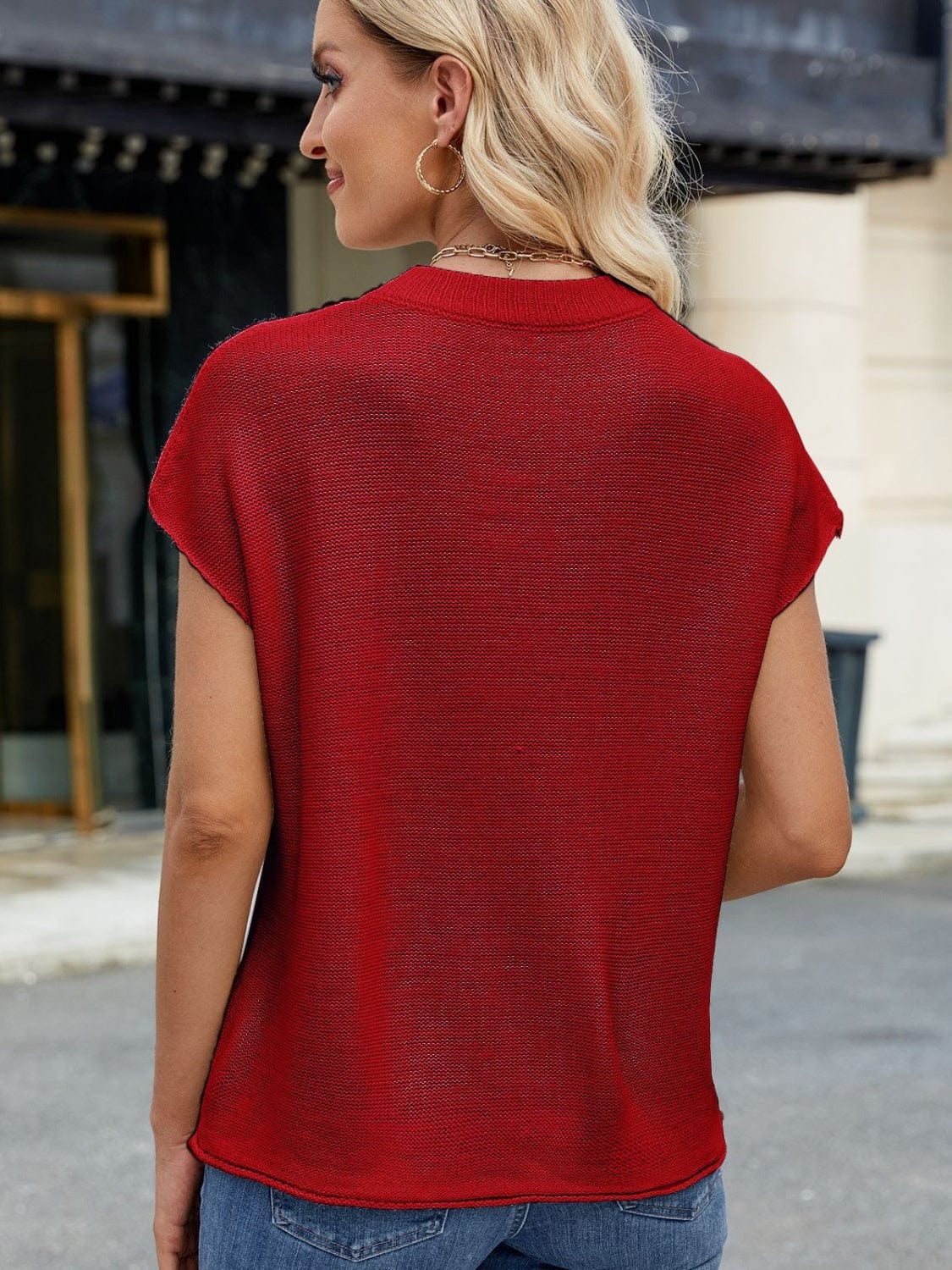 Exposed Seam Round Neck Short Sleeve Sweater - Trendsi