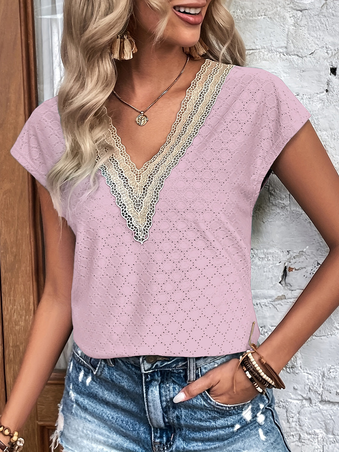 Eyelet V-Neck Cap Sleeve Blouse - Flyclothing LLC